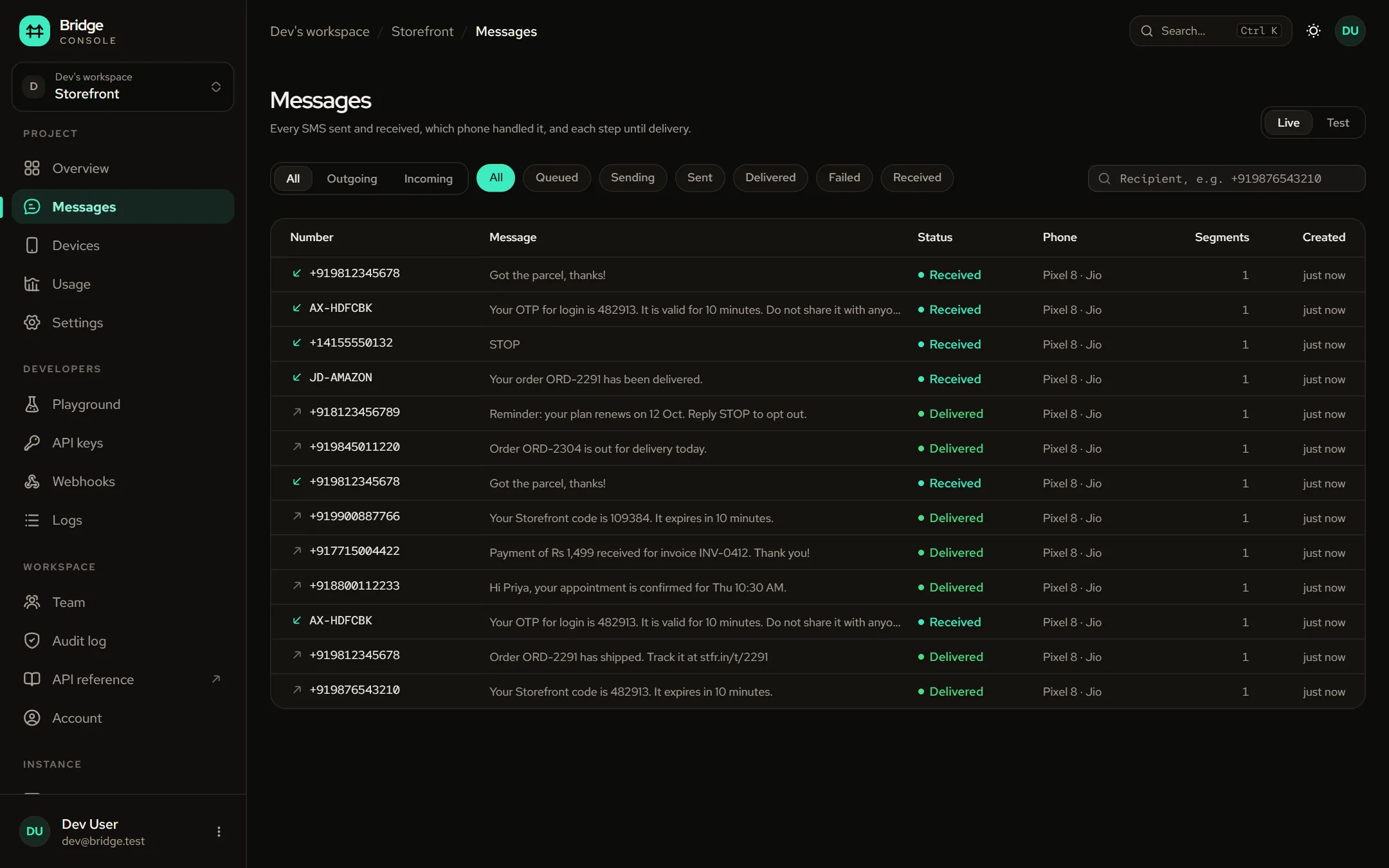 The Bridge console listing delivered messages and forwarded incoming SMS for a project
