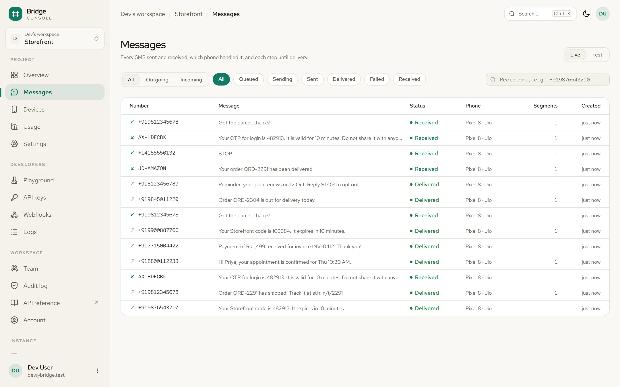 The Bridge console listing delivered messages and forwarded incoming SMS for a project